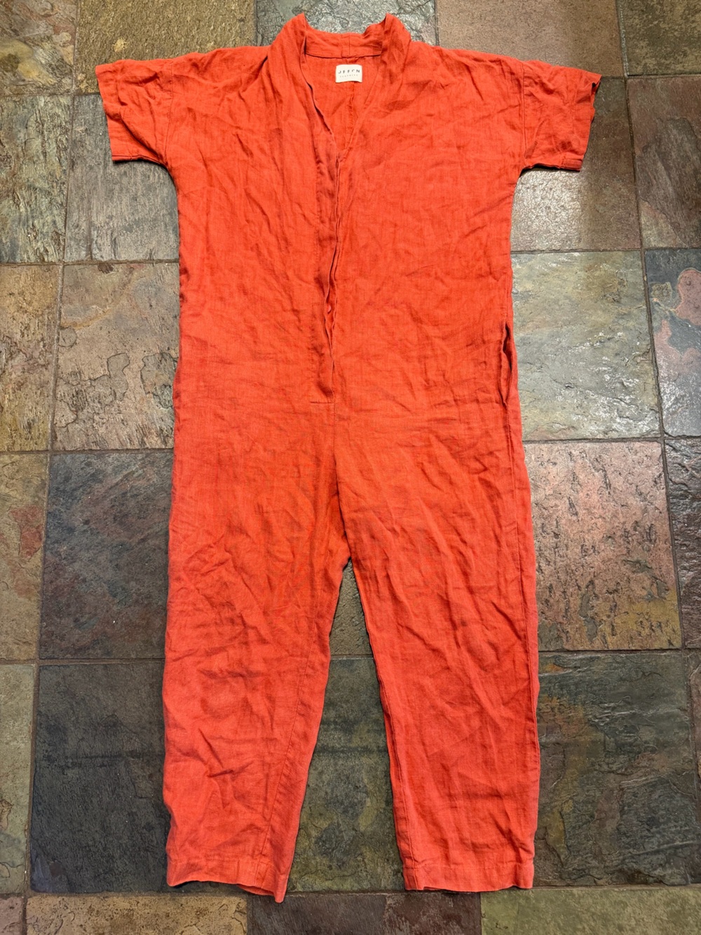OffOn Relaxed Short-Sleeve Linen Jumpsuit in Orange
